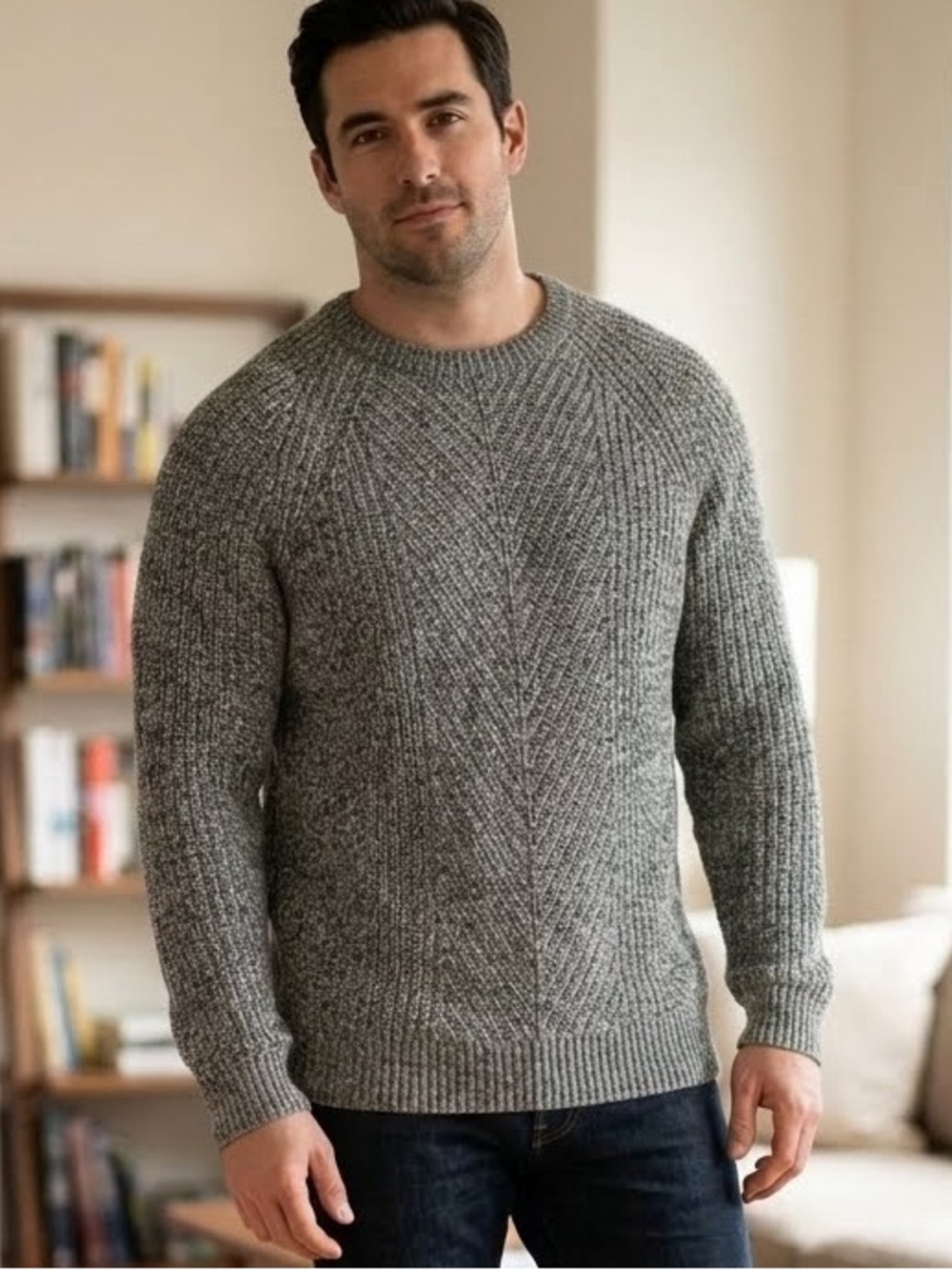 Express Men's Chunky Knit Crewneck Sweater Gray Black Marled Textured XL